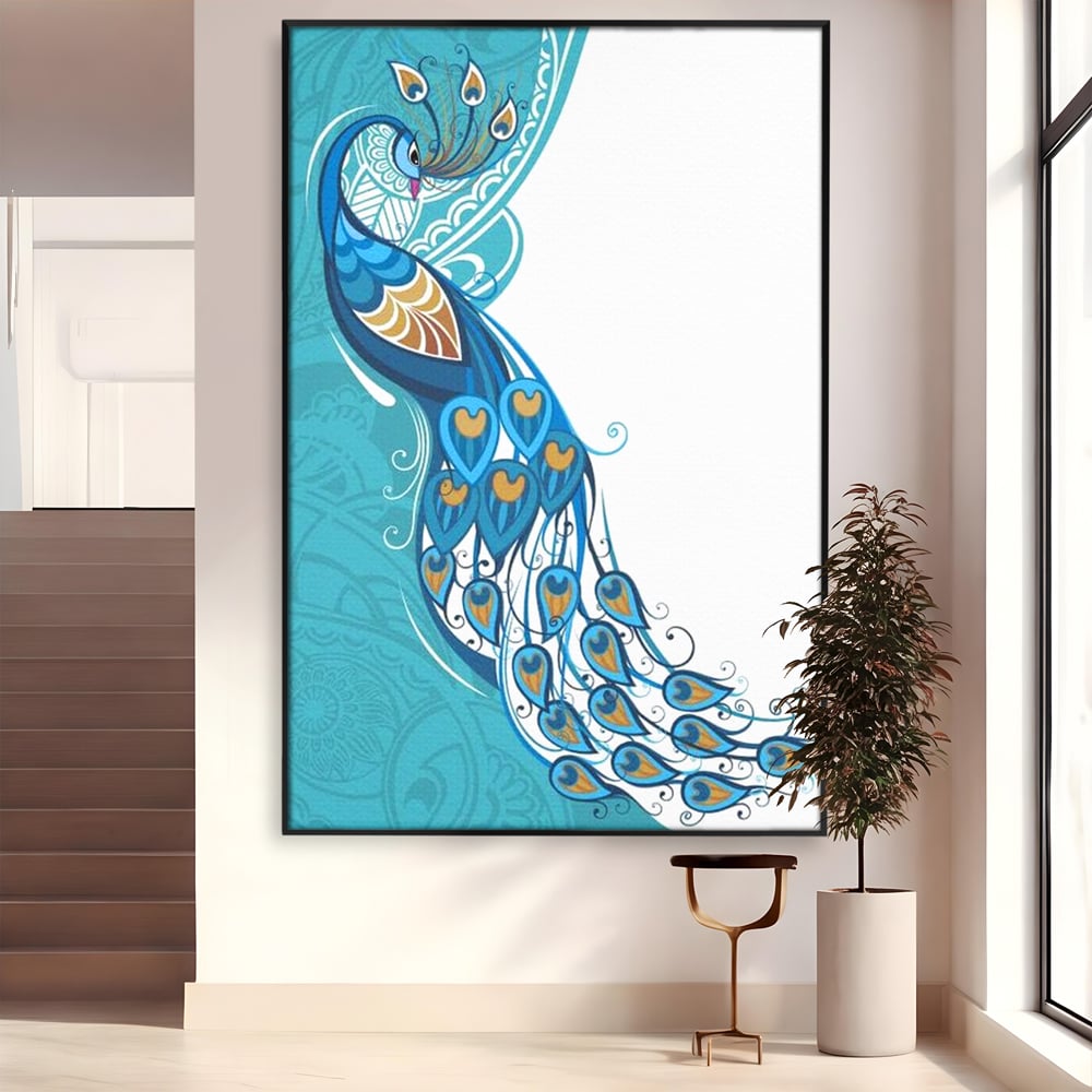 Tablou canvas cu ilustratie digitala cu paun si pene, in rama de aluminiu negru